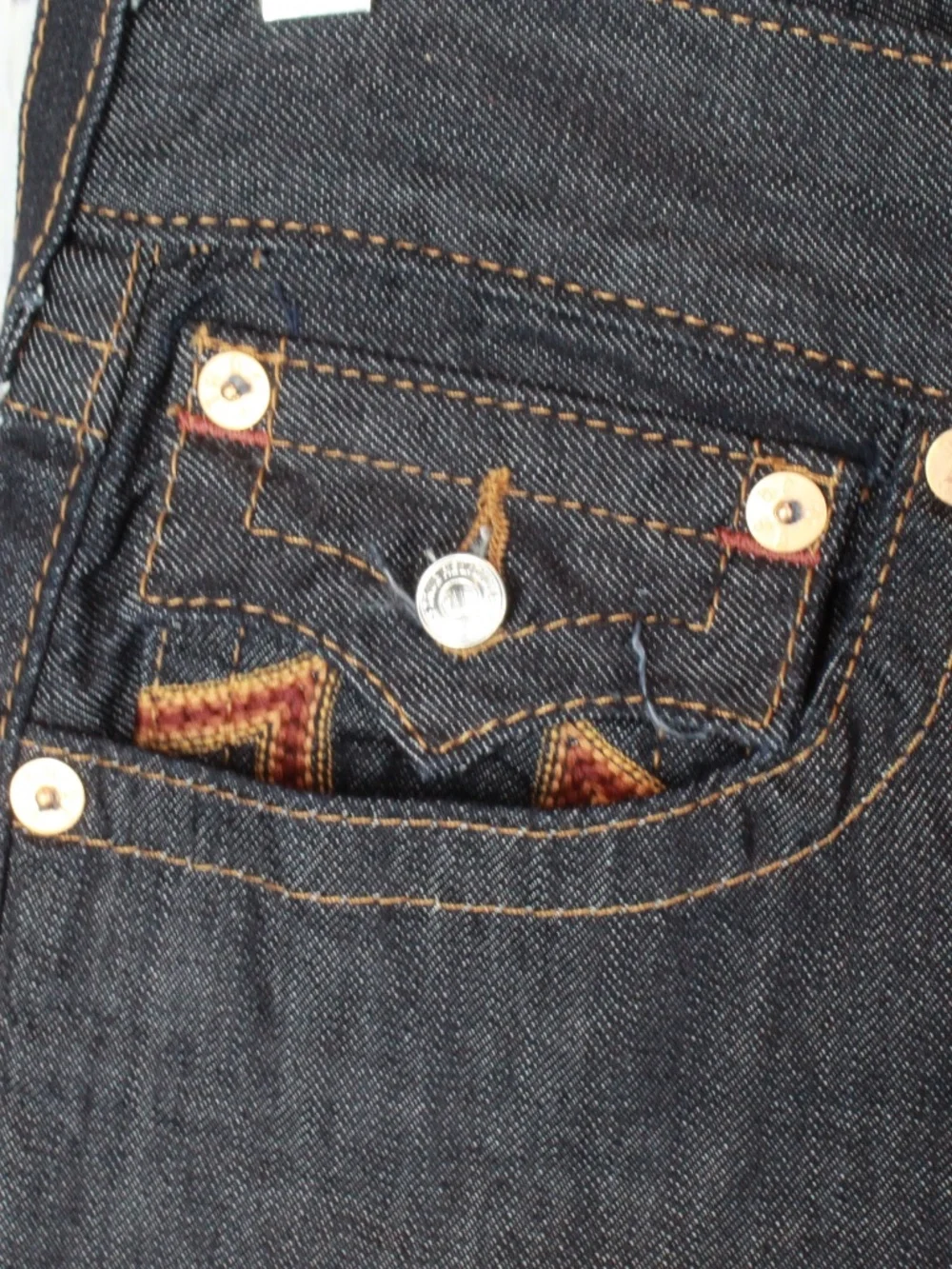 NWT True Religion Straight Flap Jeans Sunset Logo Orange Red Stitch Mens Size 33